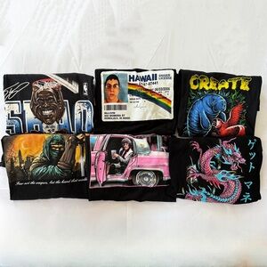 Graphic Tee Bundle 6 Piece Black T-Shirts Short Sleeve Lot Size Large